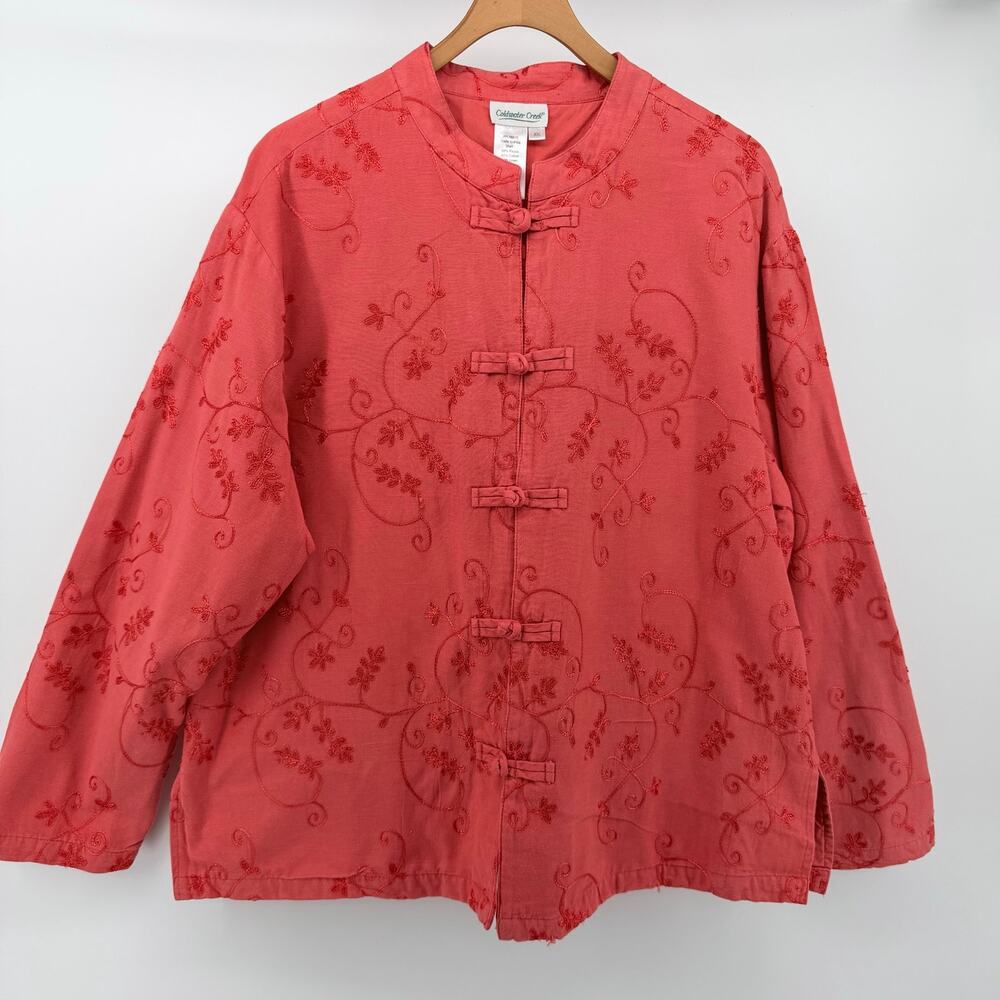 Coldwater Creek XXL Tomato Red Embroidered Asian Art to Wear Jacket Cottagecore